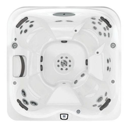 White square hot tub with multiple jets and headrests, viewed from above