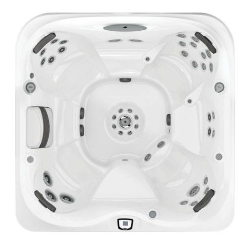 Top-down view of a white square hot tub with multiple jets and headrests