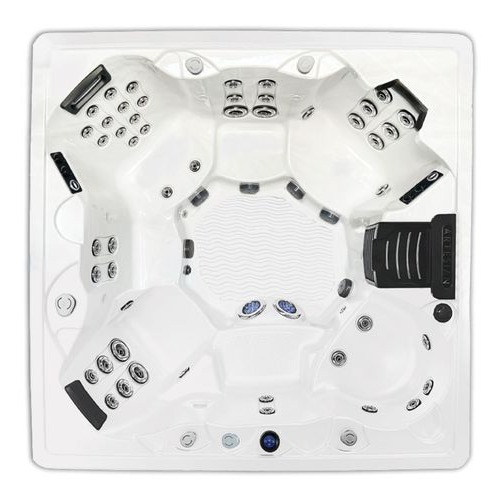 White square hot tub with multiple massage jets, black headrests, and a control panel on the right