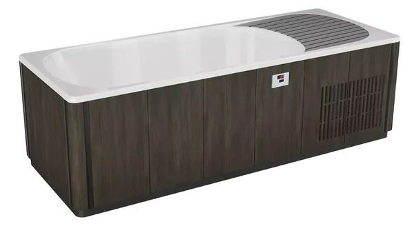 Rectangular dark wood outdoor hot tub with white top cover and vented side panel