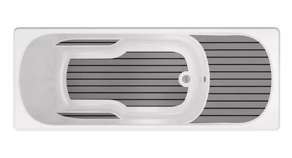 White plastic handle or latch on a gray vented panel