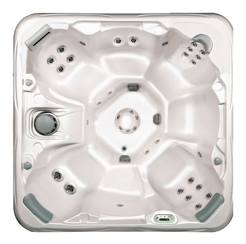 Top-down view of a white multi-seat hot tub with multiple jets and cup holders