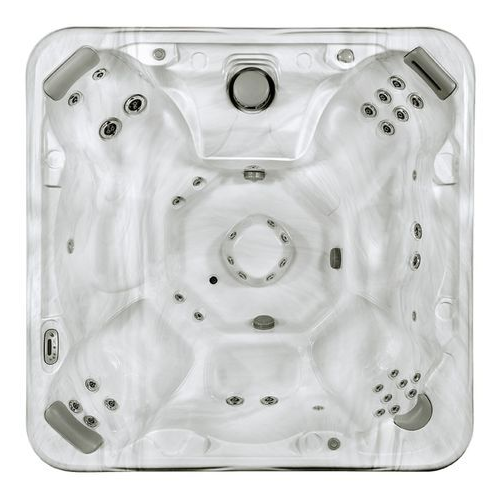 Top-down view of a white square hot tub with multiple jets and seating areas