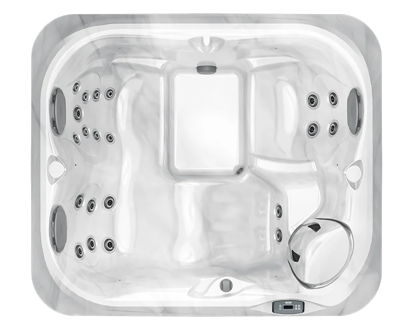 White oval hot tub with multiple seats and jets, viewed from above