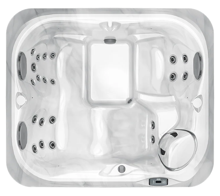 White oval hot tub with multiple seats and jets, viewed from above