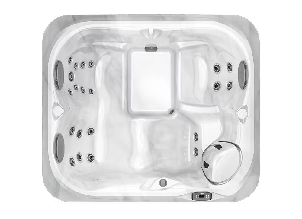 Top-down view of a white hot tub with multiple seats, jets, and headrests