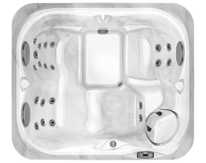 Top-down view of a white hot tub with multiple massage jets and built-in seats