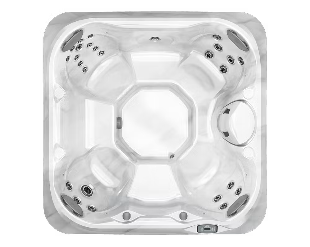 Top-down view of a white multi-seat hot tub with built-in jets and headrests