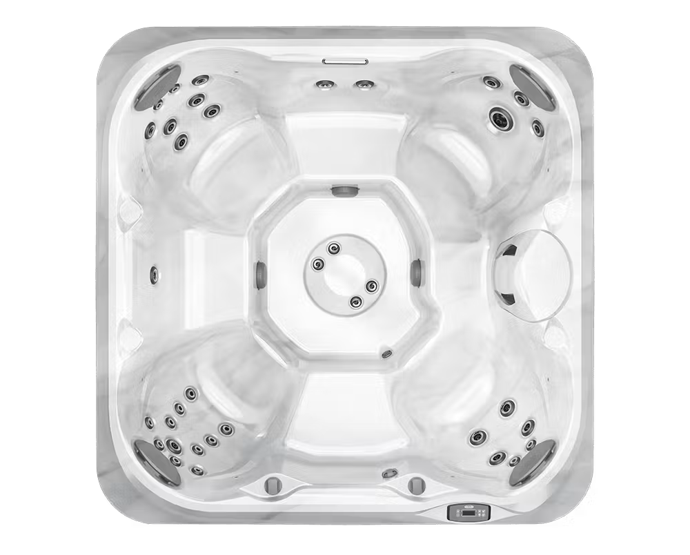 Top-down view of a white square hot tub with multiple seats and jets