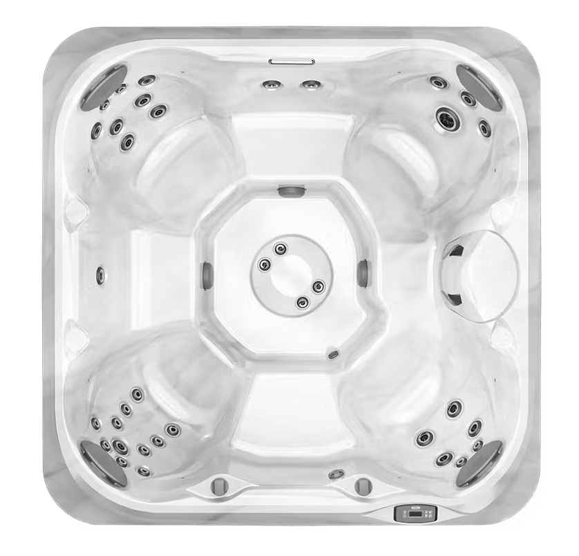 Top-down view of a white hot tub with multiple massage jets and built-in seats