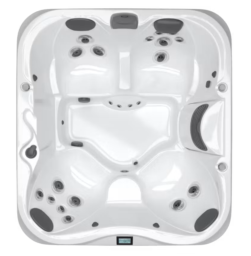 Top-down view of a white hot tub with multiple seats, jets, and headrests
