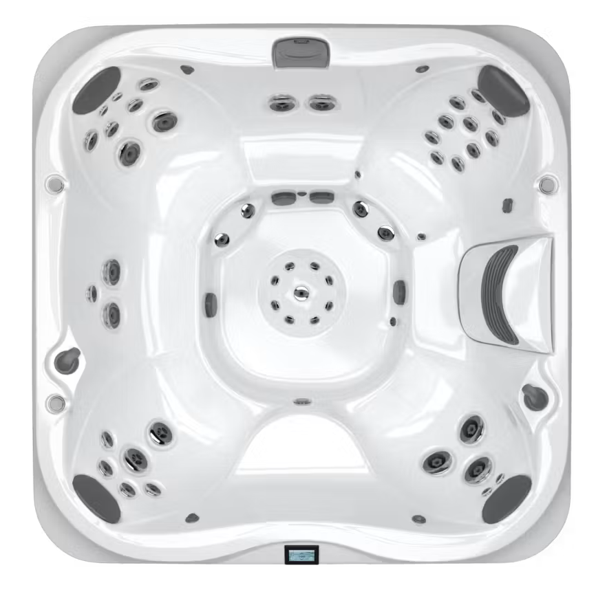 White square hot tub with multiple black jets and molded seats, viewed from above