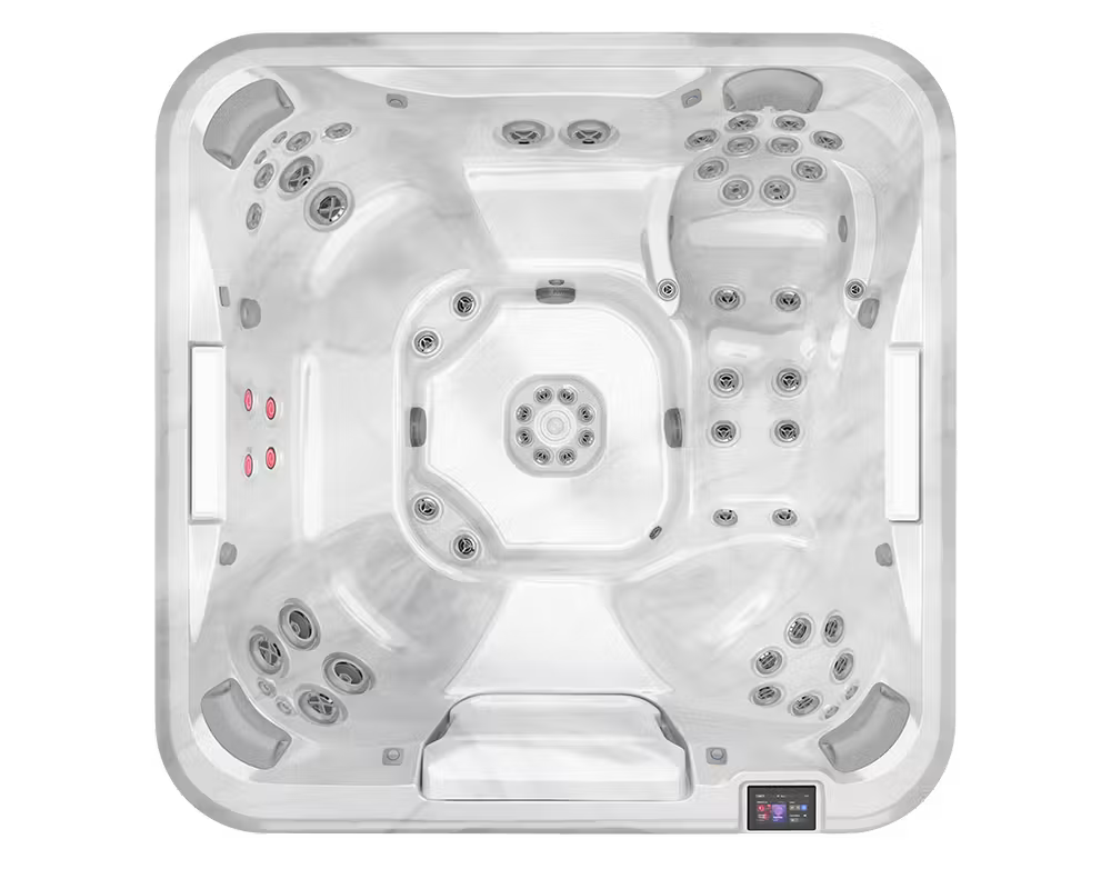 Top-down view of a white square hot tub with multiple jets and headrests