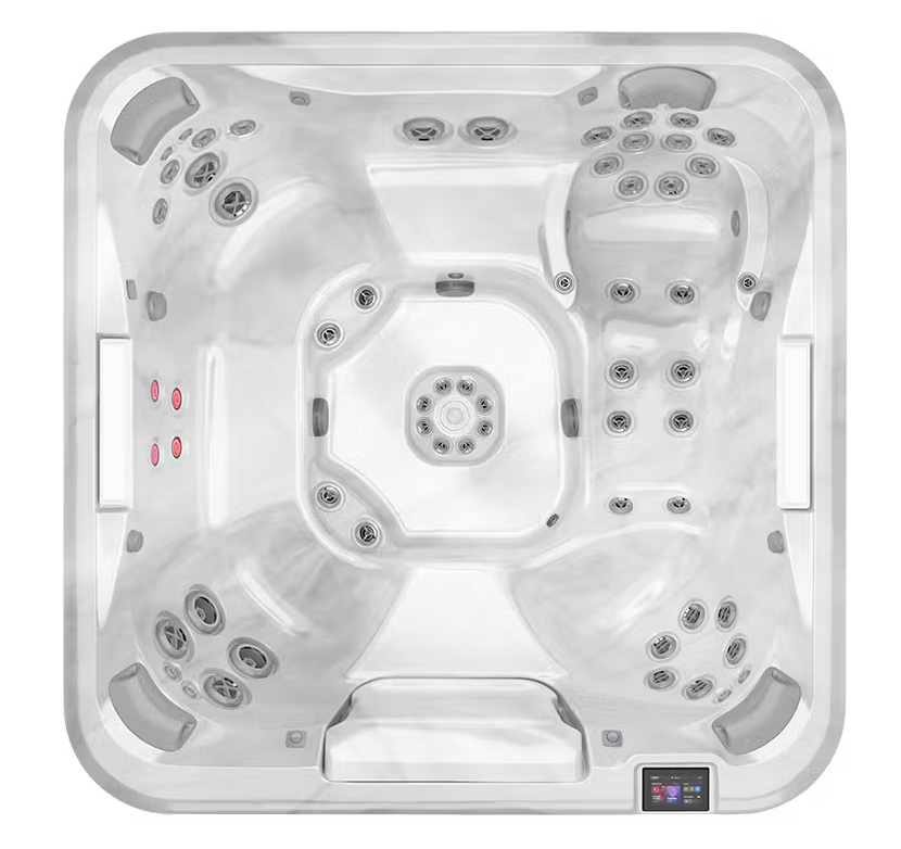 White square hot tub with multiple jets and headrests, viewed from above