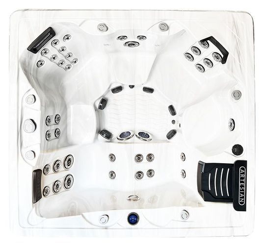White square hot tub with multiple massage jets and dark headrests, viewed from above