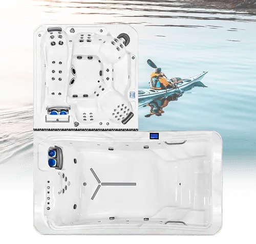 White inflatable boat shown from top and side, floating on calm blue water with a person paddling nearby