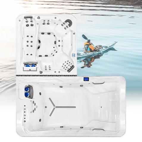 White hot tub spa shown from top and side views beside a person kayaking on calm water