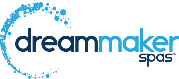 Dreammaker Spas logo with blue circular bubbles and dark blue text on white background