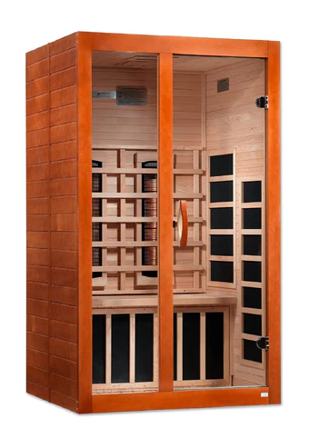 Wooden sauna with orange exterior, glass front, and bench seating inside