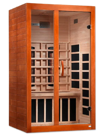 Wood-paneled sauna with glass door and wooden benches inside