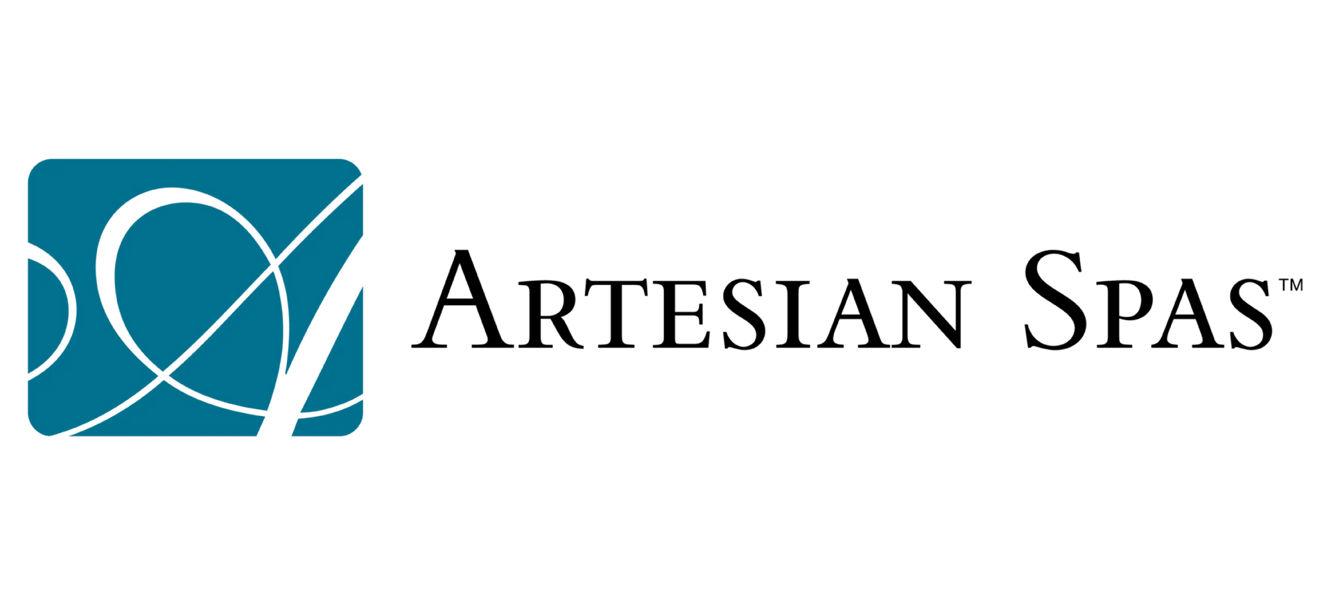 Artesian Spas logo with blue abstract square icon and black text