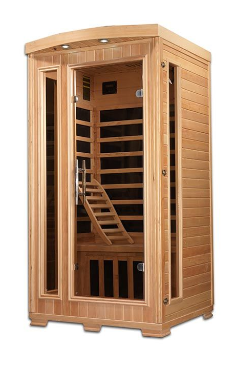 Wooden infrared sauna with glass door and benches inside