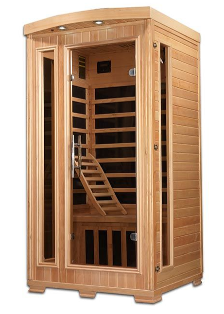 Wooden infrared sauna cabinet with glass door and interior bench seating