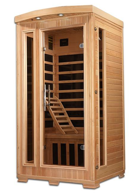 Wooden infrared sauna cabin with glass door and interior benches and heater panels