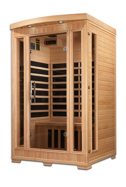 Wooden infrared sauna cabin with glass door and bench seating
