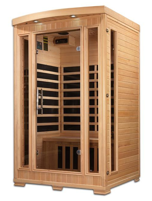 Wooden infrared sauna cabin with glass door and interior benches
