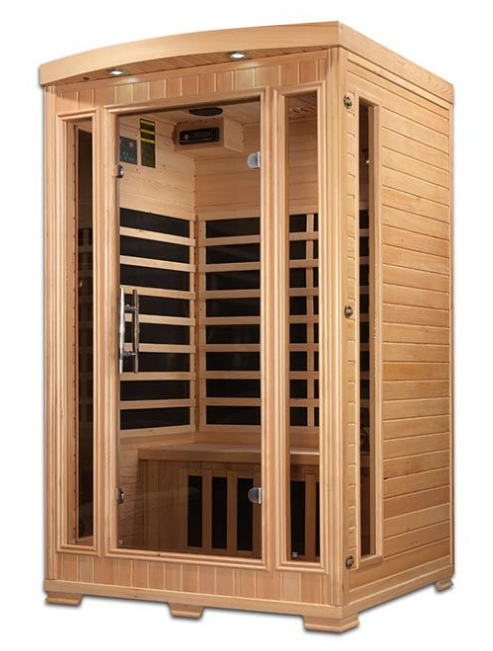 Wooden infrared sauna cabin with glass door and interior benches