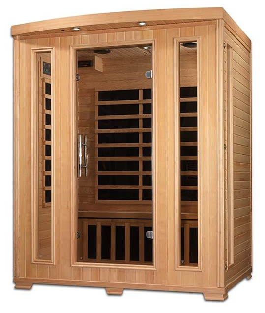 Wooden infrared sauna cabin with glass door and side windows