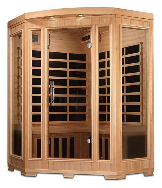 Wooden infrared sauna with glass doors and side windows, light oak finish