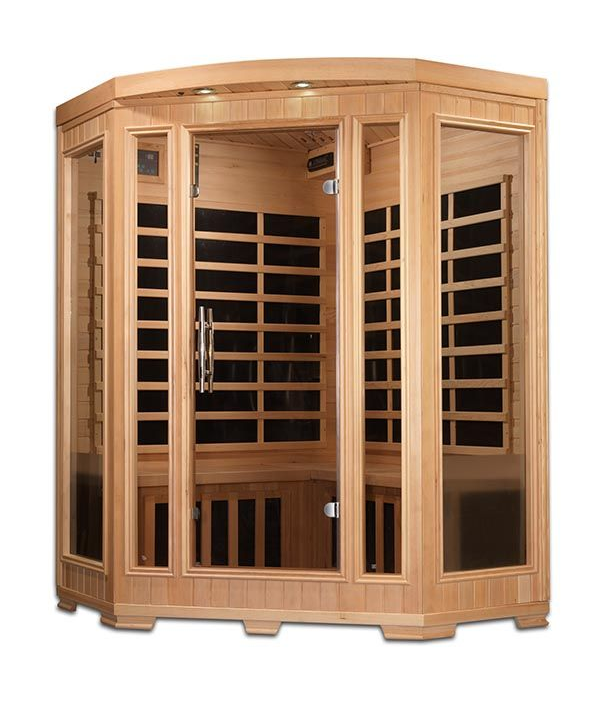Wooden full-body infrared sauna with glass doors and windows, shown front view