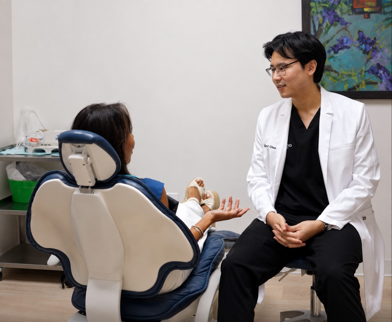 A woman is sitting in a dental chair while a dentist examines her teeth.