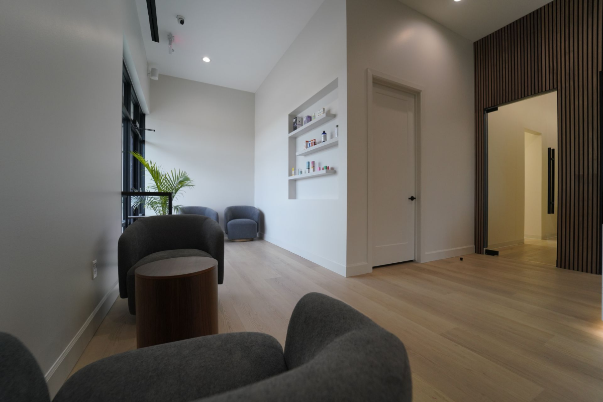 Modern minimalist living room with gray chairs, light wood floors, and a tall window. - Transcend Dental Office Photo