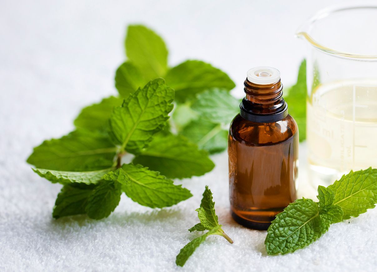 There is a bottle of mint essential oil next to mint leaves.