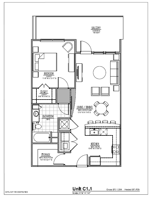 Marvel Floor Plan -Unit C1.1 – 1 Bed / 1 Bath