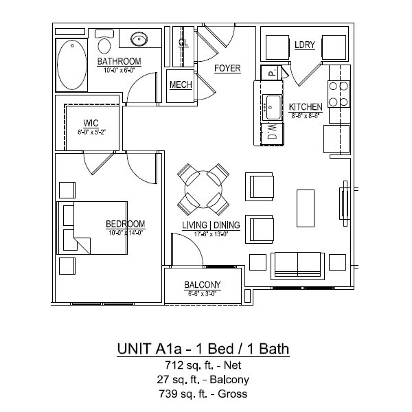Ridgeway 32 Floor Plan Unit A1a - 1 Bed / 1 Bath