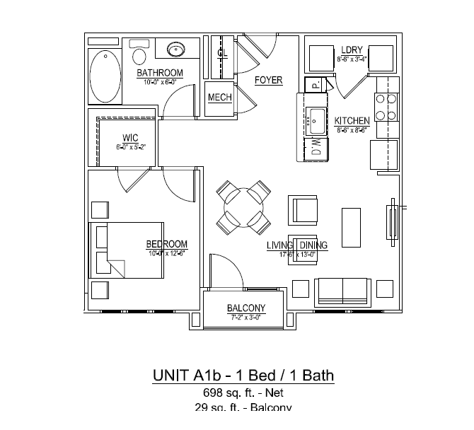 Ridgeway 32 Floor Plan Unit A1b- 1 Bed / 1 Bath