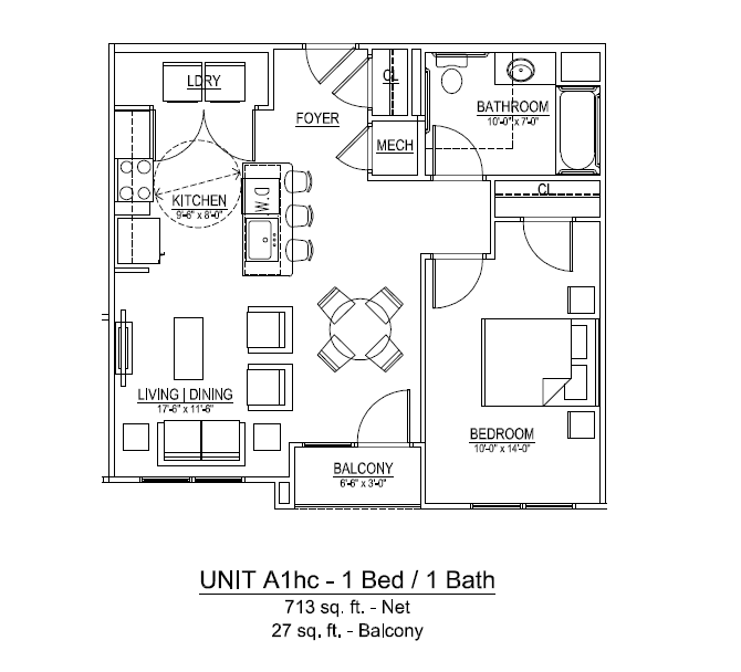 Ridgeway 32 Floor Plan Unit A1HC- 1 Bed / 1 Bath