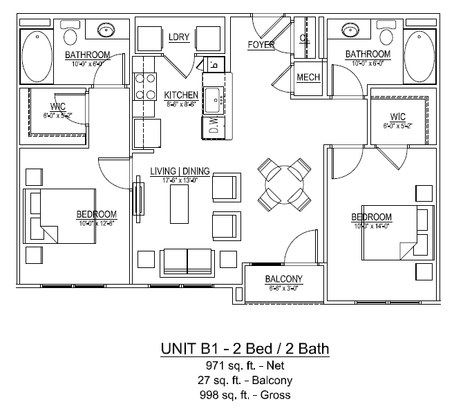 Ridgeway 32 Floor Plan Unit B1 – 2 Bed / 2 Bath