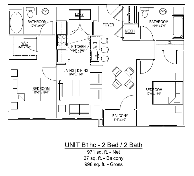Ridgeway 32 Floor Plan Unit B1HC – 2 Bed / 2 Bath