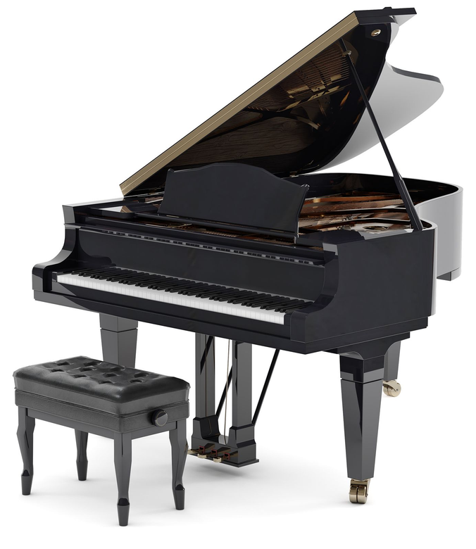 Black grand piano with bench on a white background, lid open.