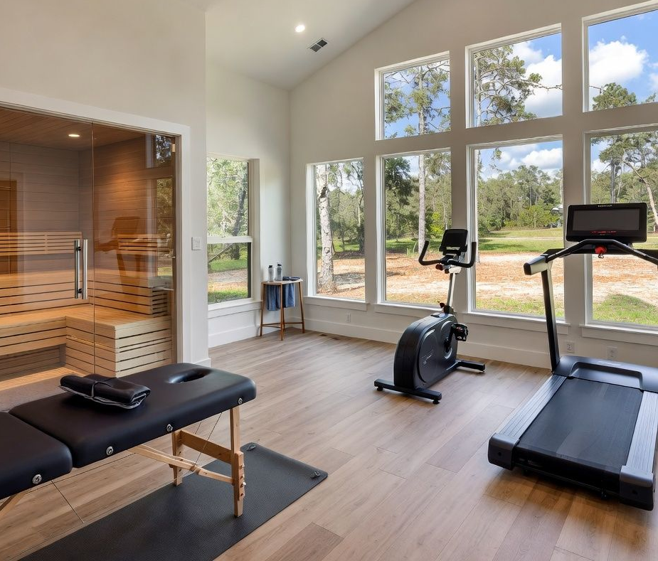 Modern home gym with treadmill, exercise bike, and bench beside large windows overlooking greenery - BIttnerSweet Co.