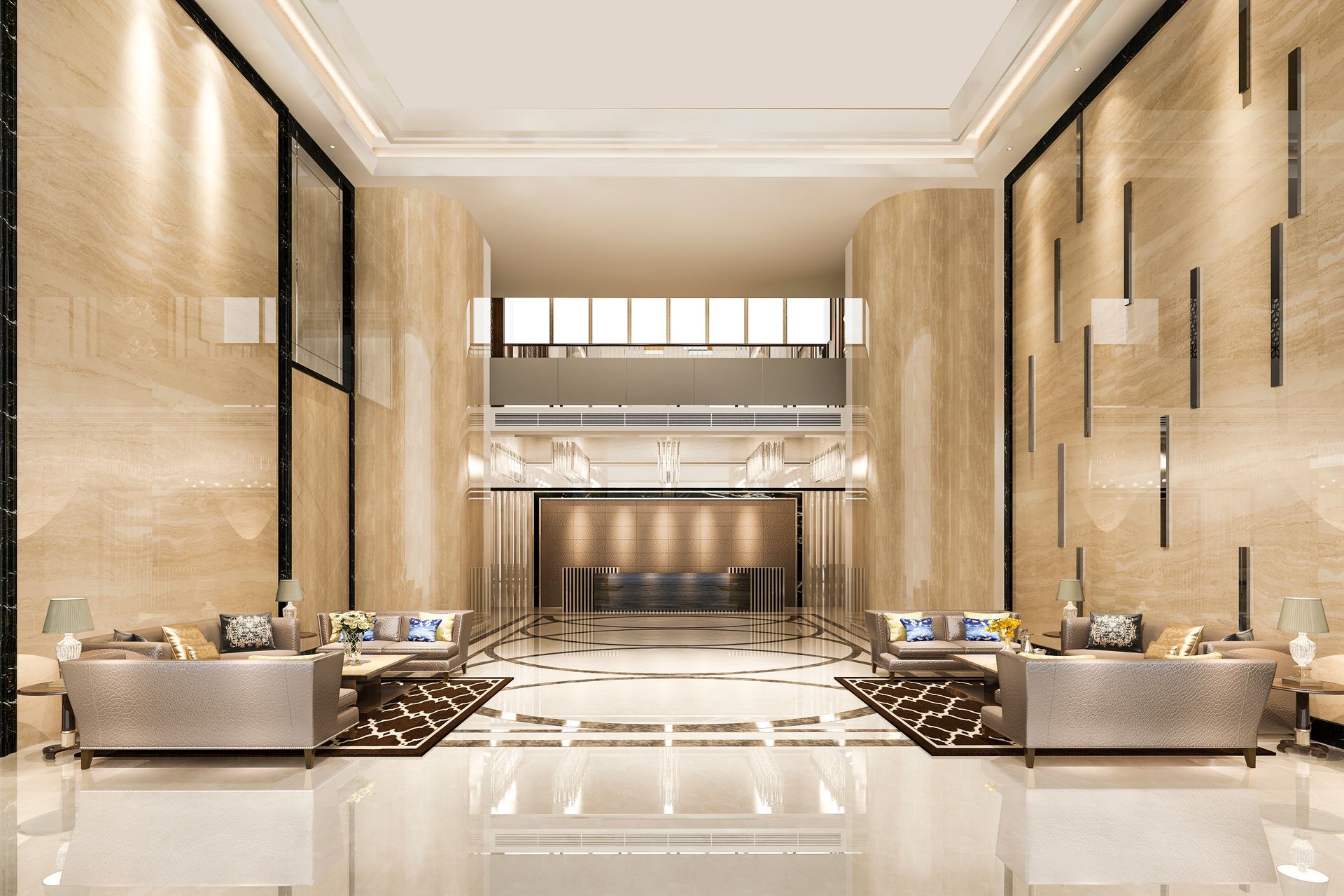 A large lobby of a hotel with a marble floor and a reception desk.