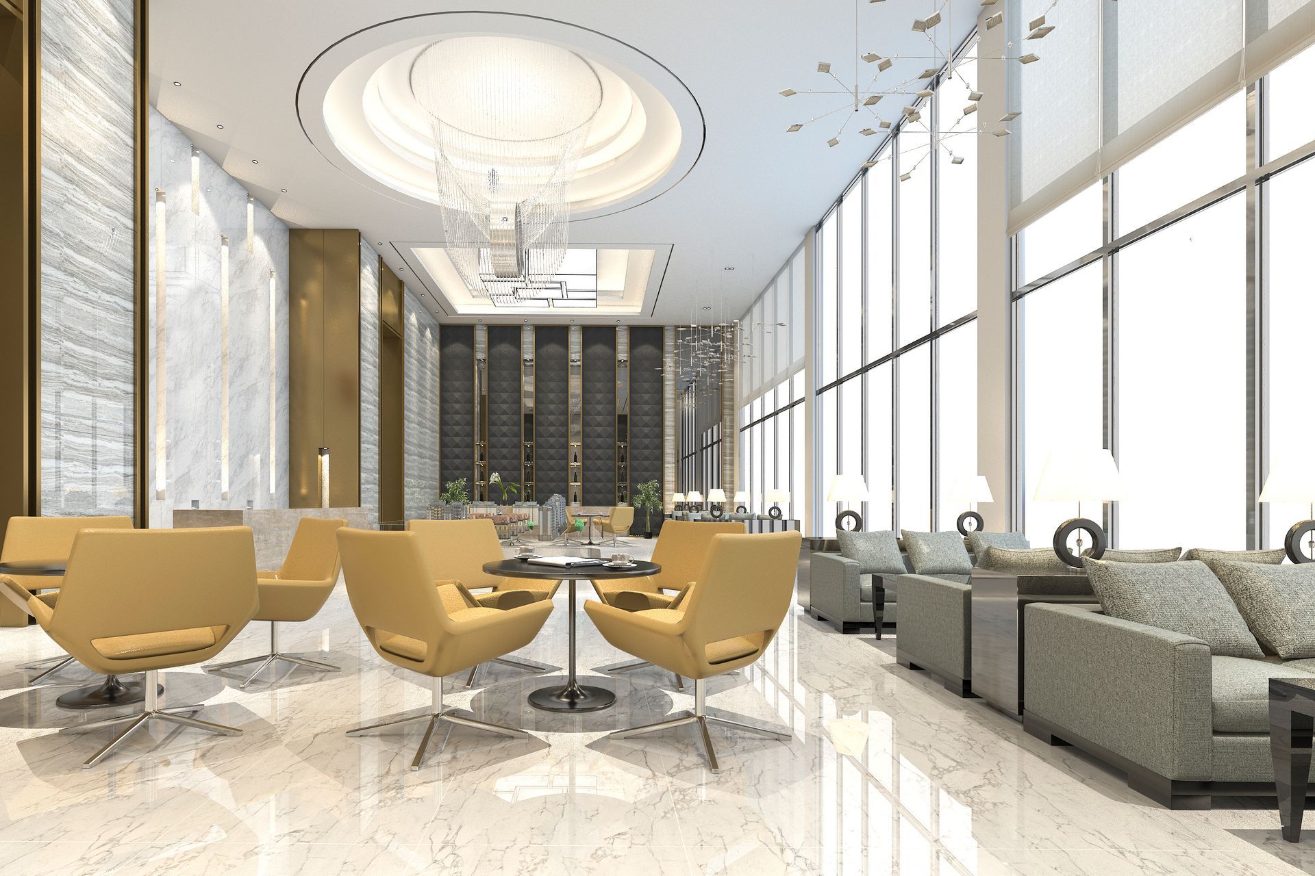 A 3d rendering of a hotel lobby with tables and chairs.