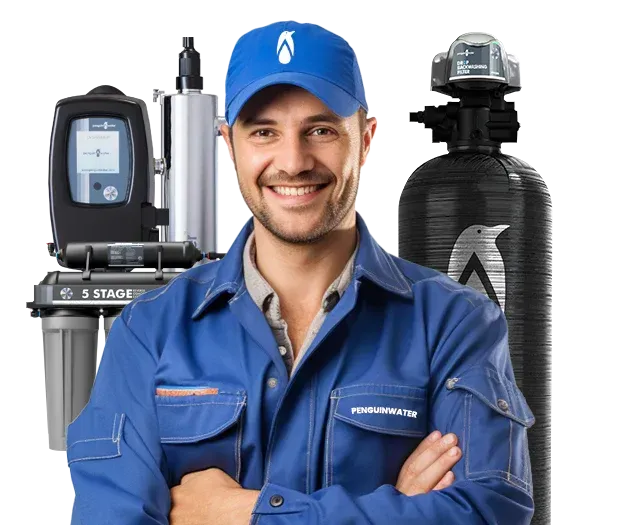 Technician standing with residential water filtration system
