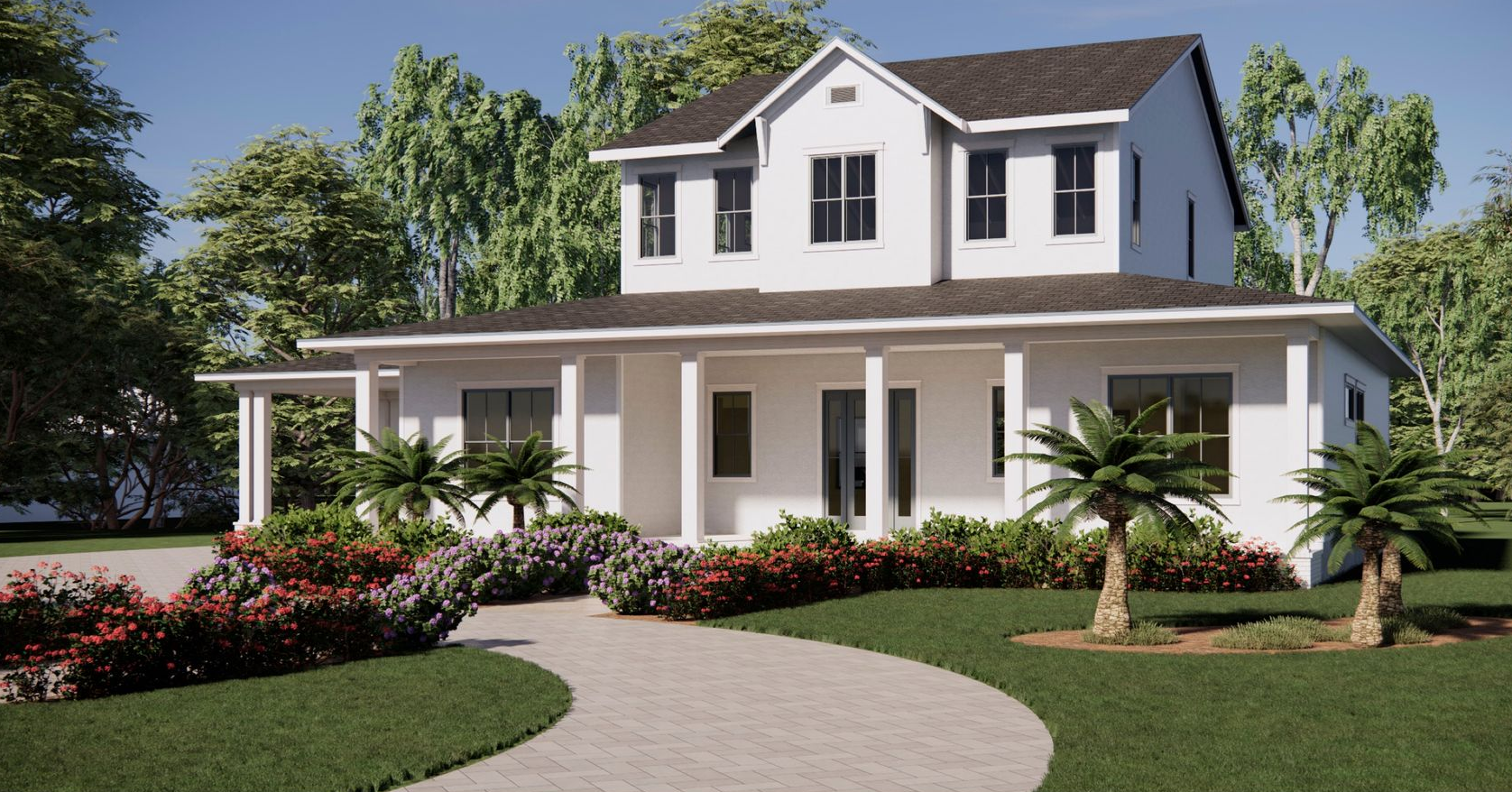Three-quarter angled perspective of the elegant two-story white house at 1122 Dingens Ave, Gotha, FL, highlighting the curved paver walkway, expansive wrap-around porch, and professionally landscaped front yard.