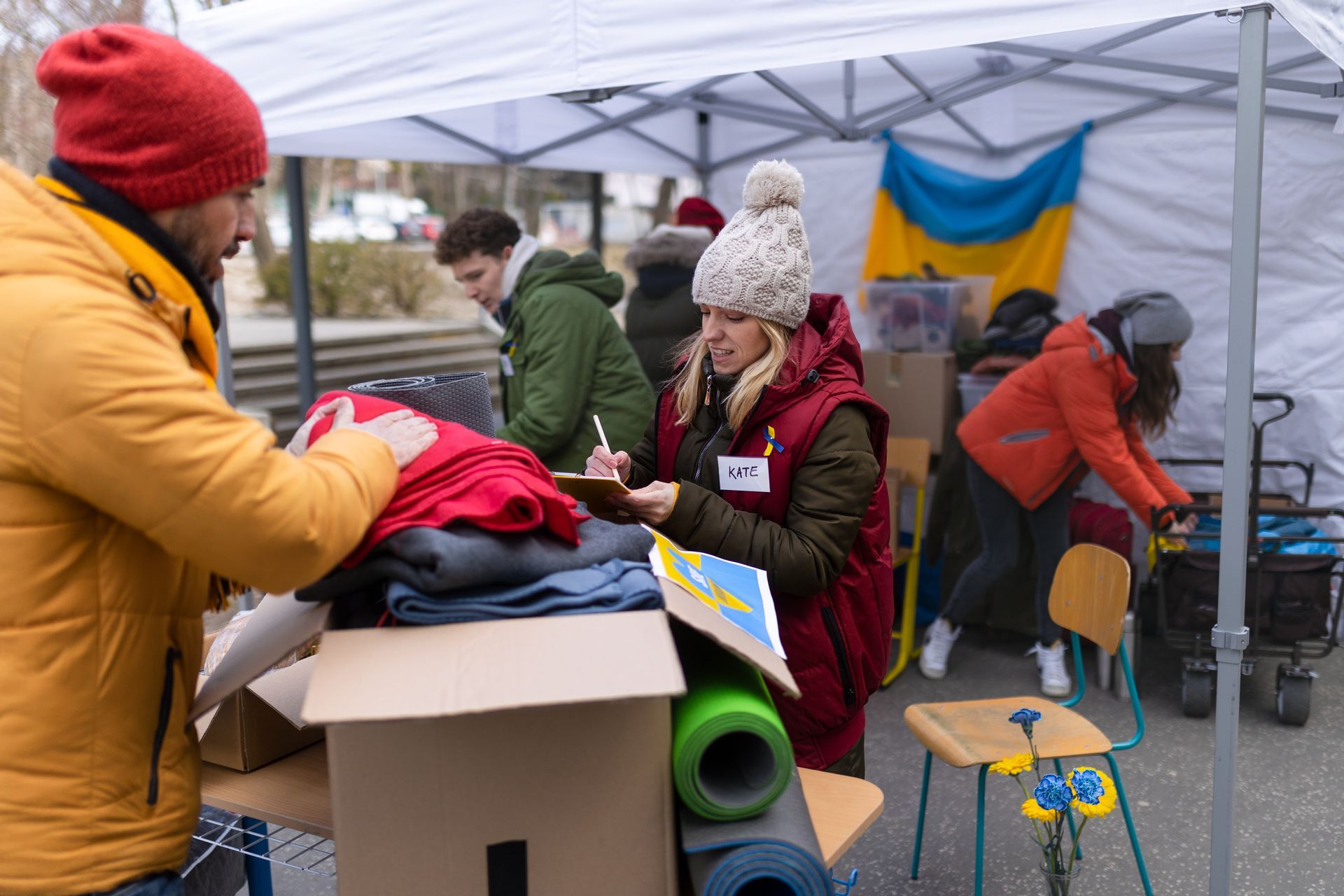 Volunteers distributing donations